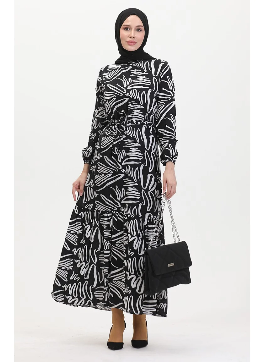 Sefa Merve Patterned Belted Viscose Dress 0519-01 Black White