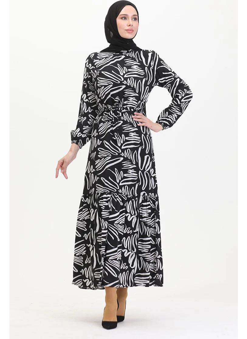 Sefa Merve Patterned Belted Viscose Dress 0519-01 Black White