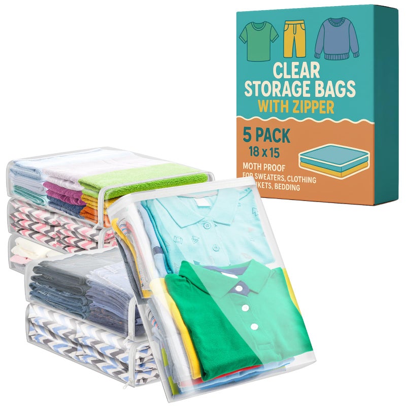 Houseables Sweater Bags Moth Proof, Clothing Storage Bags, with Zipper, Sweater Storage, Clear Zippered Organizers, Clothes, Blanket, Linen, Bedding, Quilt, Vinyl Plastic Protectors, 18x15x4â€, 5 Pack. - Image 1