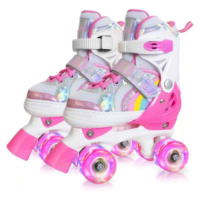 Nattork Girls Roller Skates for Kids Toddler 4 Sizes Adjustable Rainbow Quad Skates with Light up WheelsBest Gift for Boys Kids Beginners Indoor Outdoor M