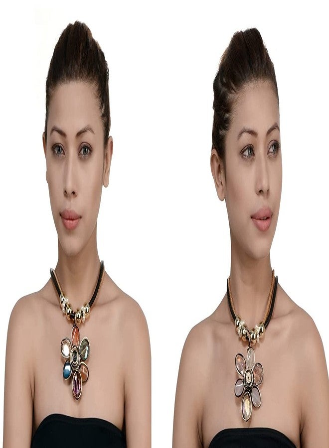 STRIPES® Trendy Jewellery Statement Black/Gold Beads with Mutli Color Agate Stone Long Golden Chain Jewellery for Girls Pendant Necklace Gift for Women Gift for Girls - Image 2