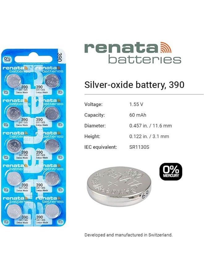 Renata - Renata wristwatch battery - Swiss made, 1.55V button cell, Renata Long Life Battery, Strap (5 pcs) 390-2, SR1130SW - Image 1