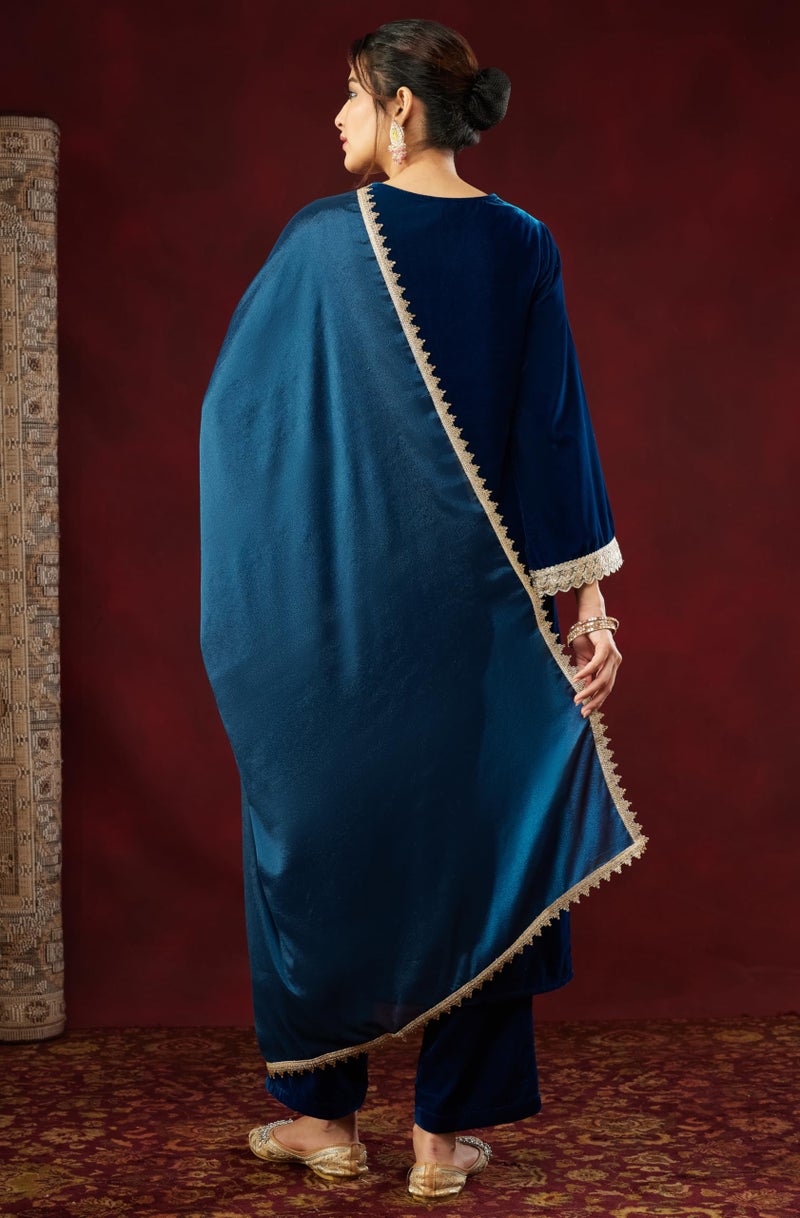 Janasya Women's Teal Blue Velvet Embellished Straigh Kurta Set(JAB25ST03281-XL) - Image 4