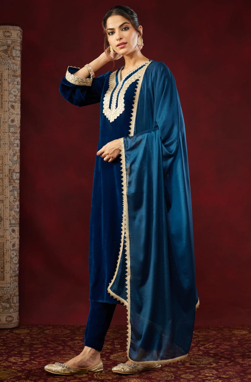 Janasya Women's Teal Blue Velvet Embellished Straigh Kurta Set(JAB25ST03281-XL) - Image 5