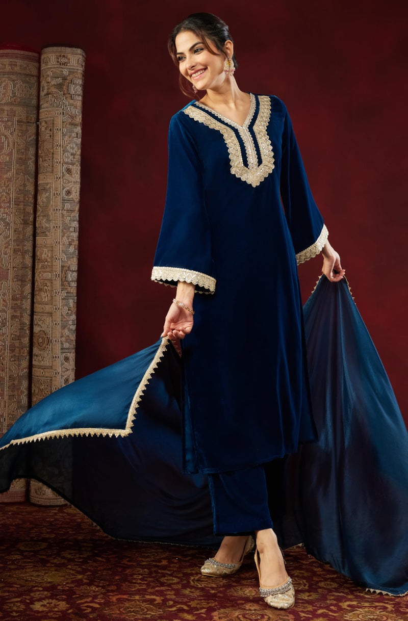 Janasya Women's Teal Blue Velvet Embellished Straigh Kurta Set(JAB25ST03281-XL) - Image 2