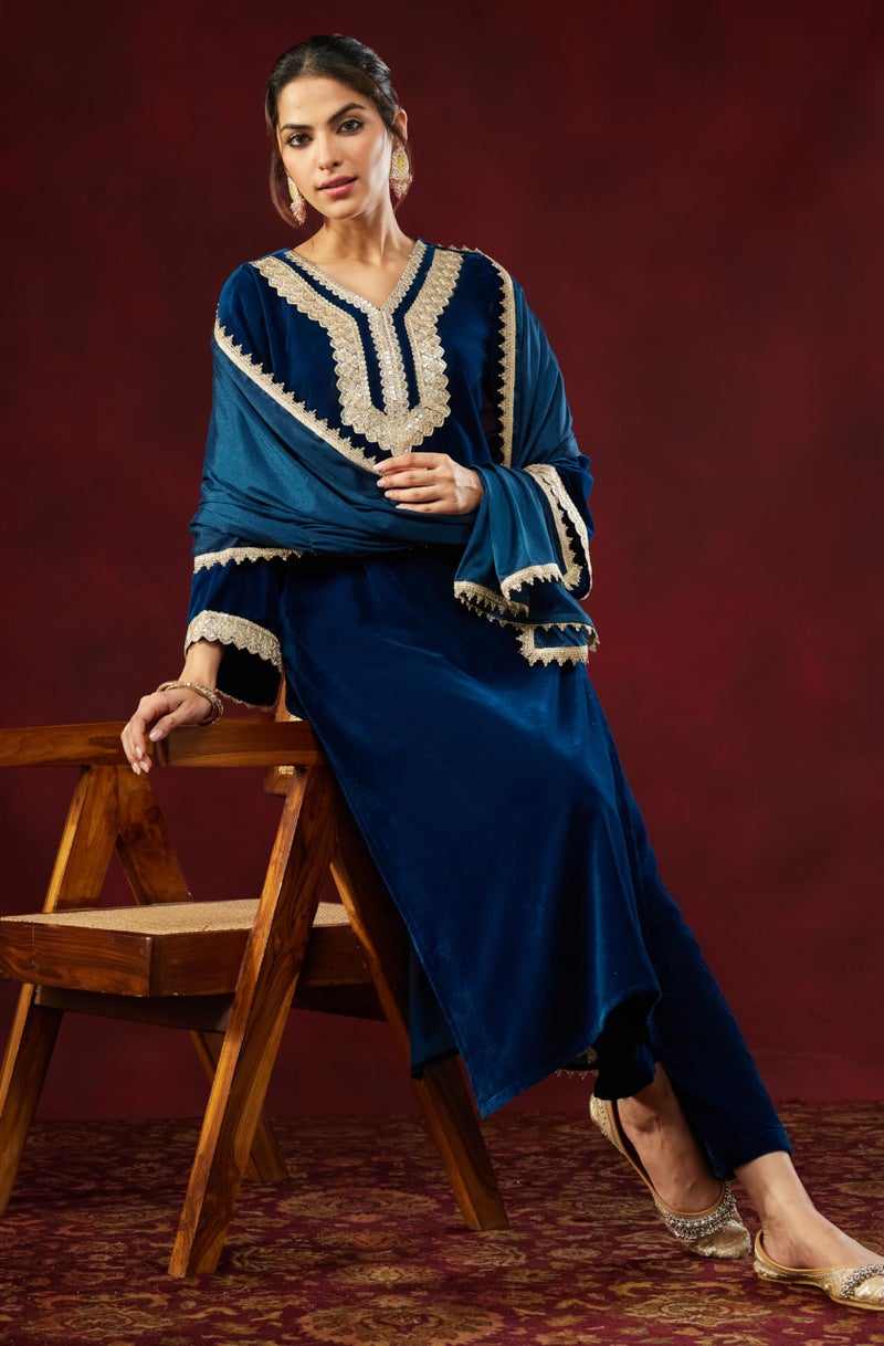 Janasya Women's Teal Blue Velvet Embellished Straigh Kurta Set(JAB25ST03281-XL) - Image 3
