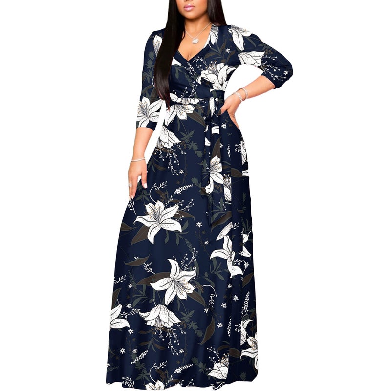 FANDEE Plus Size Maxi Dress for Women Casual Summer Sundress V-Neck 3/4 Sleeve(2-Blue & Flower,X-Large) - Image 2