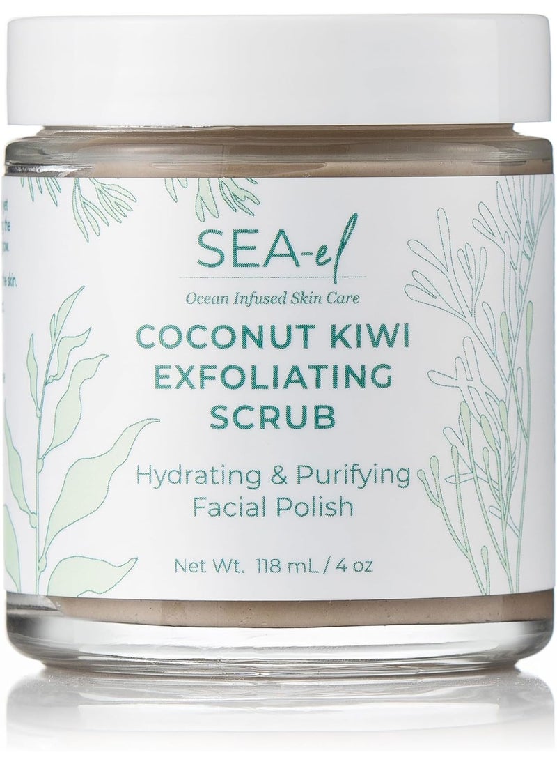 Sea-El Sea El Coconut Kiwi Exfoliating Face Scrub Hydrating Calming & Purifying Anti Aging Exfoliator - Bamboo Pumice & Green Tea Detoxifying Exfoliant Facial Cleanser & Polish for Women & Men - 4 Oz 