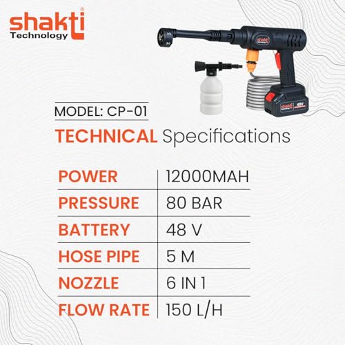 Shakti Technology CP_01 Wireless Car Washer High Pressure Gun Cordless Portable 48V - 12000mAh High Pressure Water Gun for Car & Bike Wash, Adjustable Nozzle, 5M Hose Pipe, Double Battery Included - Image 2
