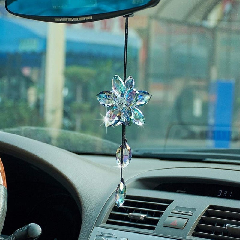 Crystal Flower Rear View Mirror Pendant Car Hanging Ornament Lucky Accessory Colorful