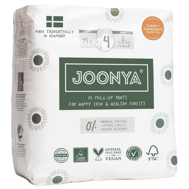 Joonya Pull-Up Pants Baby Diapers, Size 4 L (15-26 lb) - 1 Bag of 25 - Non Toxic, Eco-Friendly, High Absorbency, Overnight Use, Ultra Slim & Soft - Made in Denmark - Image 1