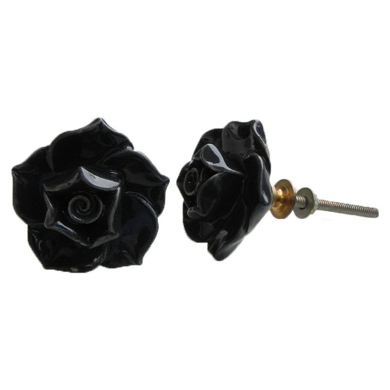 Indian-Shelf IndianShelf 2 Piece Handmade Vocalforlocal Ceramic Rose Flower Shape Drawer Knobs Dresser Cabinet Door Kitchen Cupboard Pulls Handles 508 cm Black  - Image 1