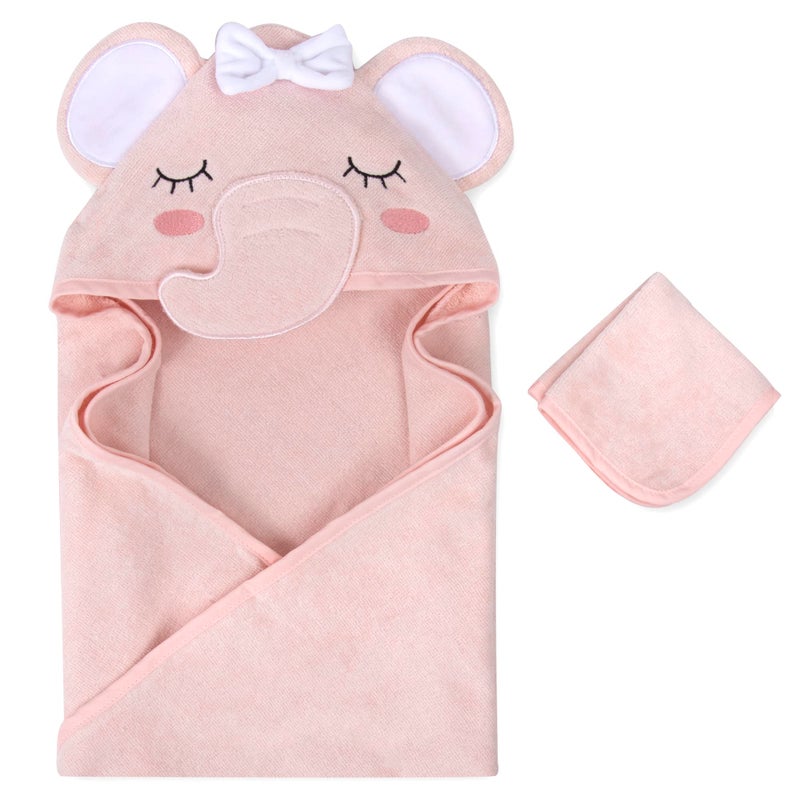 Baby Essentials Baby Animal Hooded Towel and Washcloth Set for Newborns, Infants, Toddlers Boys and Girls 3-24 Months (Delicate Pink Elephant) - Image 1