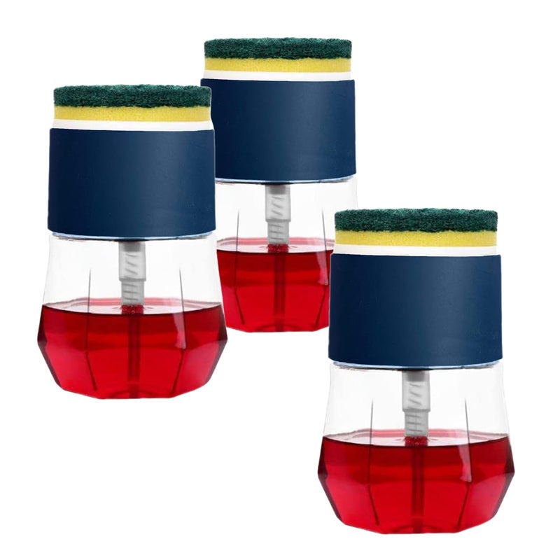 Homestic Round Pack of 3 Liquid Soap Dispenser for Kitchen | with Pump and 2 Sponge Scrubs | Plastic, Lightweight & Durable | Multipurpose Use, Ergonomic Design & Easy to Clean | Blue - Image 1