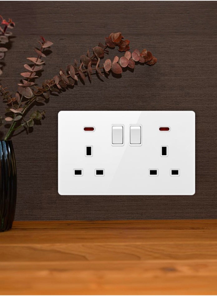 Vmax Double 13A Socket with Neon | UK Standard Power Outlet with Dual Switch & LED Indicator | Fire-Resistant, Overload Protection, Universal Compatibility for Home, Office & Commercial Use (WHITE) - Image 1