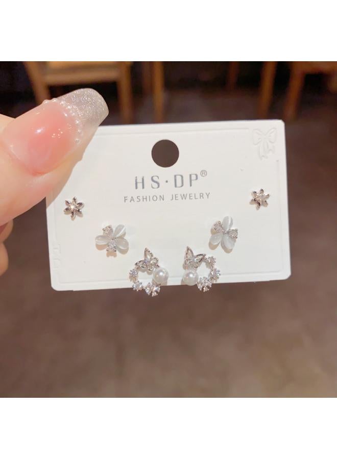 S925 Silver Needle Micro Inlaid Zircon Short Earrings Short Hair Earrings And Korean Elegant All-match Simple Three-piece Set Earrings For Women 