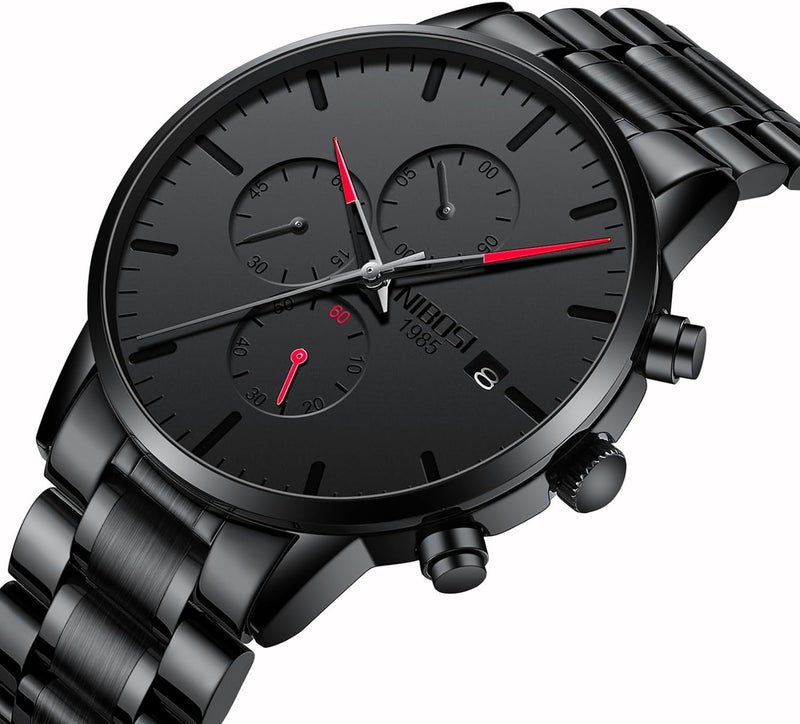 NIBOSI Men's Analog Minimalist Black Dial Chronograph Watch with Stainless Steel Strap - Image 3