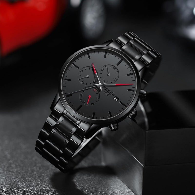NIBOSI Men's Analog Minimalist Black Dial Chronograph Watch with Stainless Steel Strap - Image 4