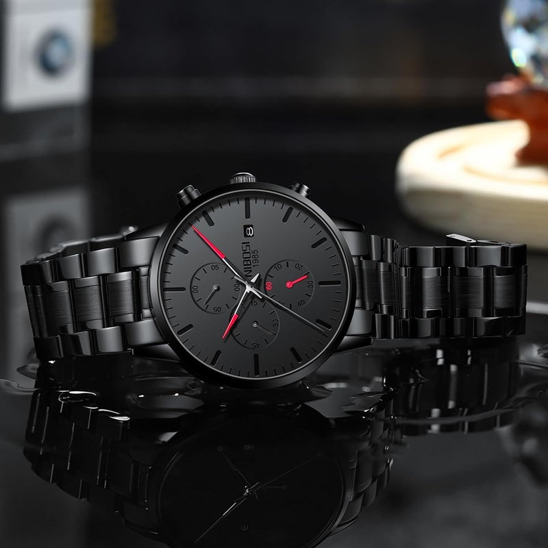 NIBOSI Men's Analog Minimalist Black Dial Chronograph Watch with Stainless Steel Strap - Image 5