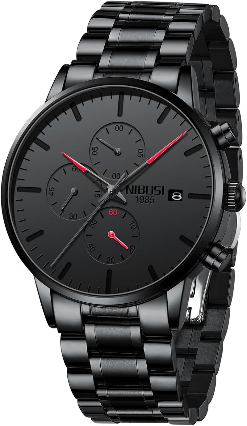 NIBOSI Men's Analog Minimalist Black Dial Chronograph Watch with Stainless Steel Strap - Image 1
