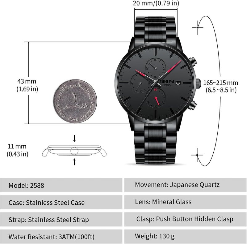 NIBOSI Men's Analog Minimalist Black Dial Chronograph Watch with Stainless Steel Strap - Image 2