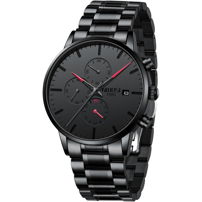 NIBOSI 2588 Men's Watches Analog Minimalist Black Dial Watches for Men Business Chronograph Military Casual Wrist Watches Stainless Steel Strap Date - Red - Image 1