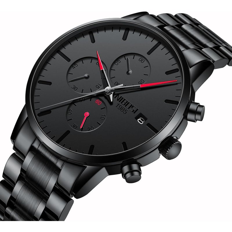 NIBOSI 2588 Men's Watches Analog Minimalist Black Dial Watches for Men Business Chronograph Military Casual Wrist Watches Stainless Steel Strap Date - Red - Image 3
