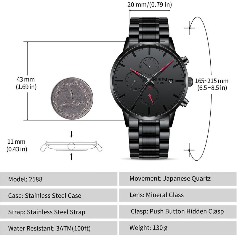 NIBOSI 2588 Men's Watches Analog Minimalist Black Dial Watches for Men Business Chronograph Military Casual Wrist Watches Stainless Steel Strap Date - Red - Image 2