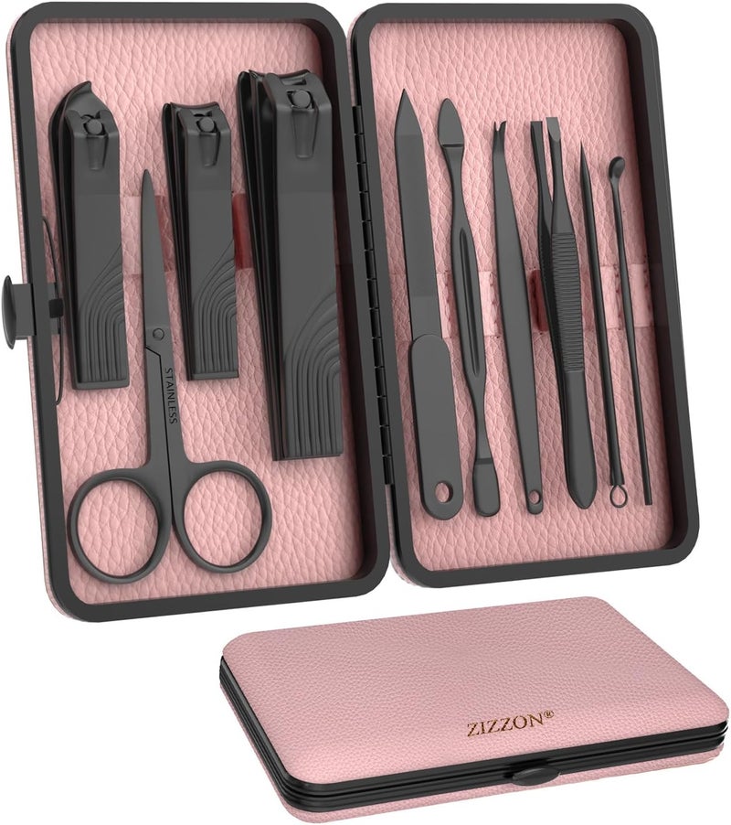 ZIZZON Travel Mini Manicure Set Nail Clipper Set 10 in 1 Stainless Steel Pedicure Care Grooming kit with Case BlackPink