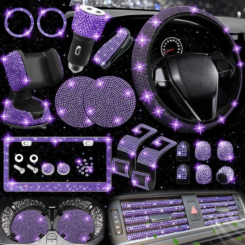 NBTEPEM 27 PCs Purple Violet Bling Car Accessories Set for Women Steering Wheel Covers Universal Fit 15 Inch Bling License Plate Frame Bling Phone Holder Bling Car Coasters