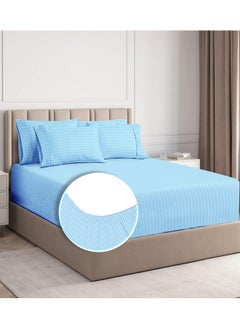 BSB HOME BSB HOME Premium Cotton 220tc Elastic Fitted Bedsheets with 2 Pillow Covers | King Size Bed with All Around Elastic 220 TC Supersoft Striped Pattren Breathable |Size-78 x72+10 inches |Aqua  - Image 1