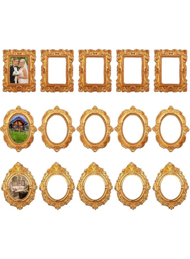 15 Pcs Vintage Resin Miniature Photo Frames, Mini Gold Picture Frames, 3 Styles, Small Decorative Frames for DIY Crafts, Photography, Wedding Favors, Holiday Decor ﻿ - Image 1