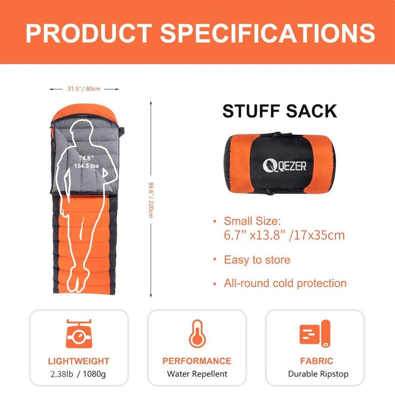 Qezer Down Sleeping Bag For Adults 600 Fill Power Cold Weather Sleeping Bag Ultralight Sleeping Bag With Compression Sack For Backpacking  Camping  Hiking - Image 2