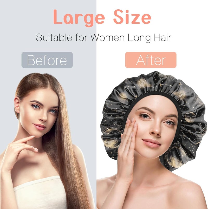 BHAHB Luxury Shower Cap Reusable Terry Cloth Lined EVA Triple Waterproof Layer Elastic Hair Bath Caps for Women Girls Cute-Moon - Image 4