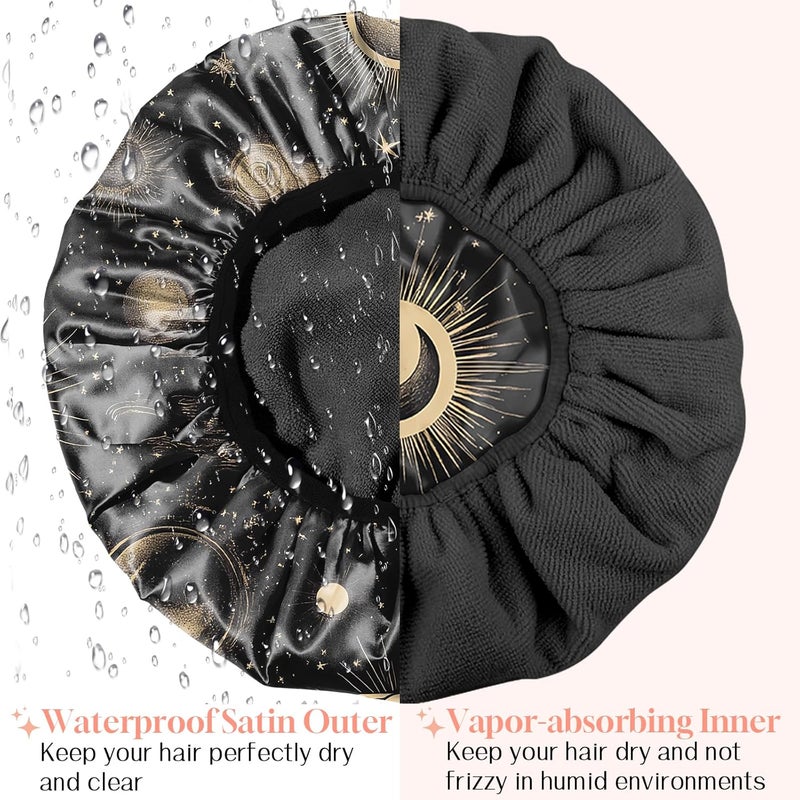 BHAHB Luxury Shower Cap Reusable Terry Cloth Lined EVA Triple Waterproof Layer Elastic Hair Bath Caps for Women Girls Cute-Moon - Image 5