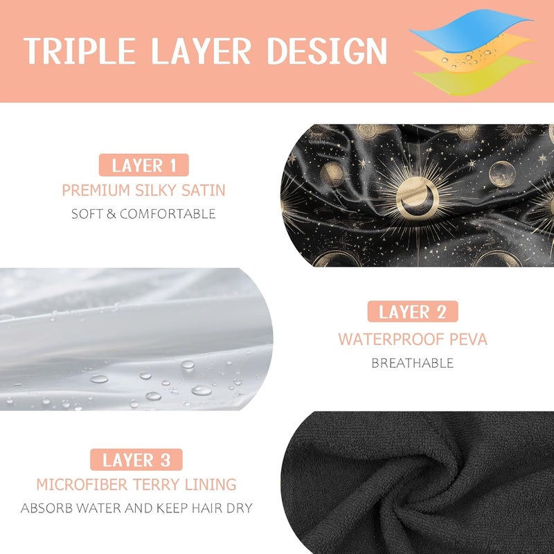BHAHB Luxury Shower Cap Reusable Terry Cloth Lined EVA Triple Waterproof Layer Elastic Hair Bath Caps for Women Girls Cute-Moon - Image 3