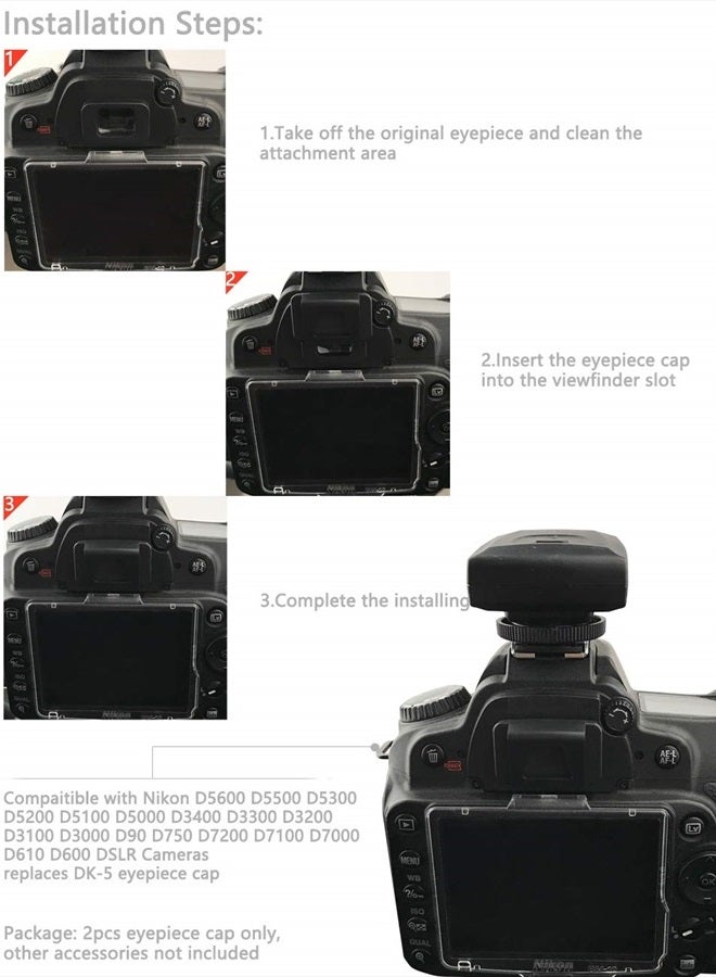 VKO Eyecup/Viewfinder DK-5 Eyepiece Cap Replacement for Nikon D5600 D5500 D5300 D5200 D5100 D3500 D3400 D3300 D3200 D3100 D7200 D7100 D7000 D610 D600 DSLR Cameras(2 Pack)  - Image 2