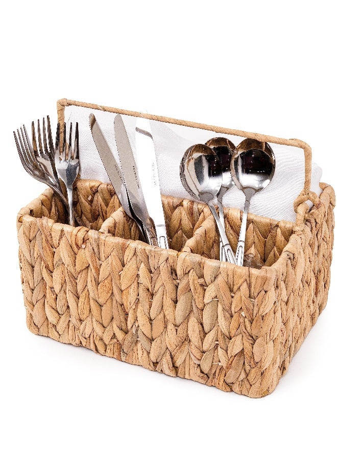 1 Pack With Handle Flatware Organizer, Hand Woven Water Hyacinth Cutlery Holder for Countertop - Image 1