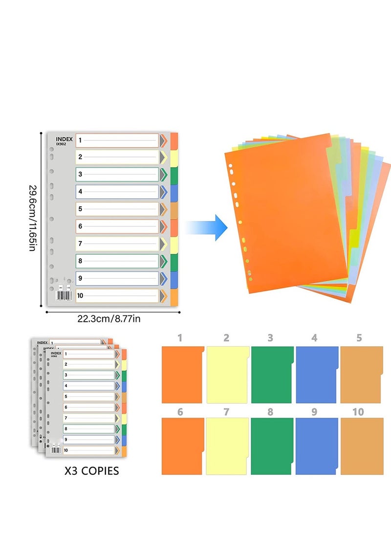 Generic 3 Pack File Dividers, Binder Dividers with Tabs A4 Size 10 Tab Dividers for 3 Ring Binder 11 Pre-Punched Holes, A4+ File Dividers for Office Home School  - Image 2