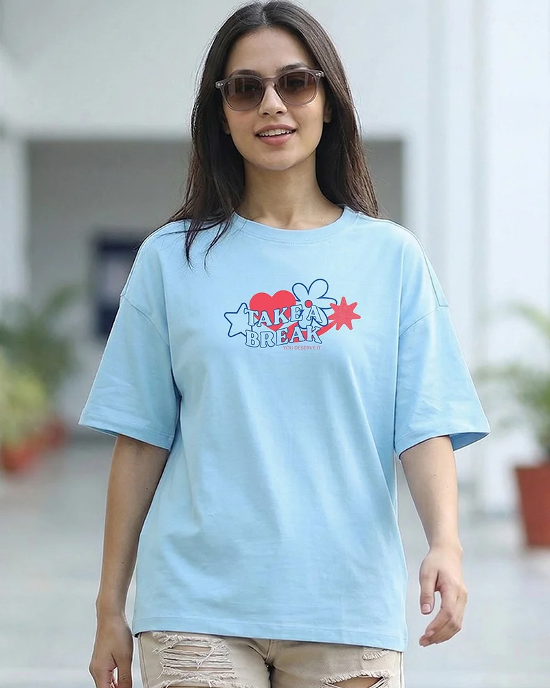 بيواكوف Women's Clear Sky Blue Break Graphic Printed Oversized T-shirt
