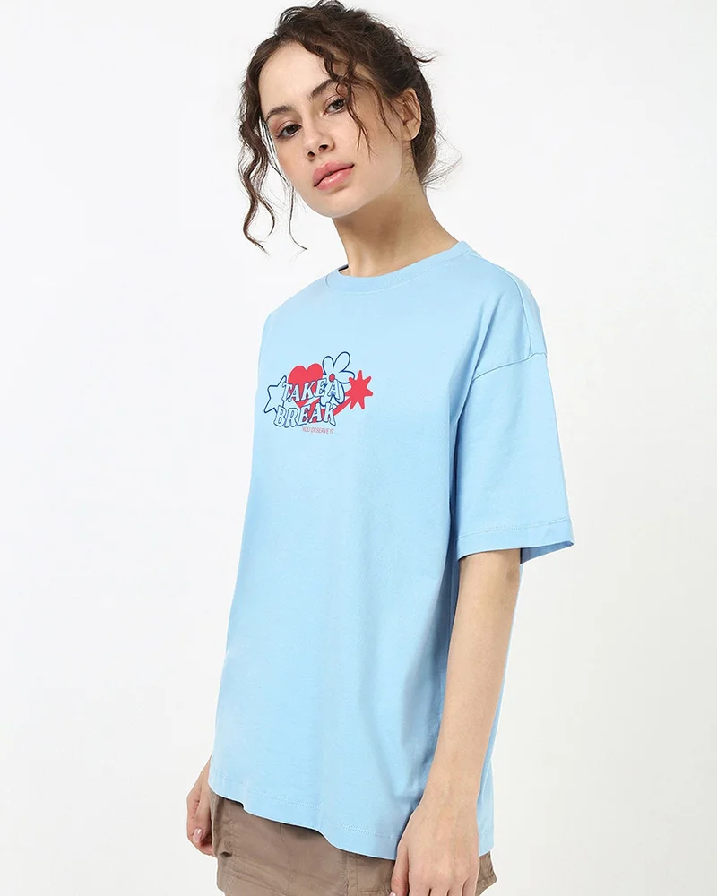 بيواكوف Women's Clear Sky Blue Break Graphic Printed Oversized T-shirt