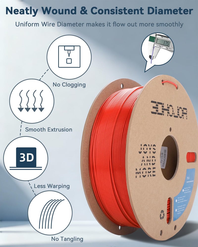 3DHoJor PLA Filament 1.75mm,3D Printer Filament,1kg Cardboard Spool (2.2lbs), Dimensional Accuracy +/- 0.03 mm,Odor Free, Clog Free, No Brittle Filaments,Fit Most FDM 3D Printer,Red - Image 2
