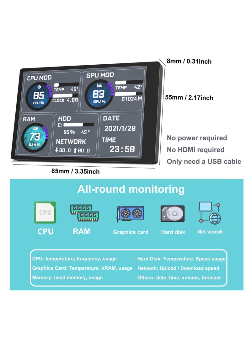 Excefore - English Version Computer Temp Monitor, Pc Temperature Display, PC Sensor Panel for PC ARGB Computer Case, IPS USB Mini Secondary Screen, PC CPU RAM HDD Data Monitor - Image 1