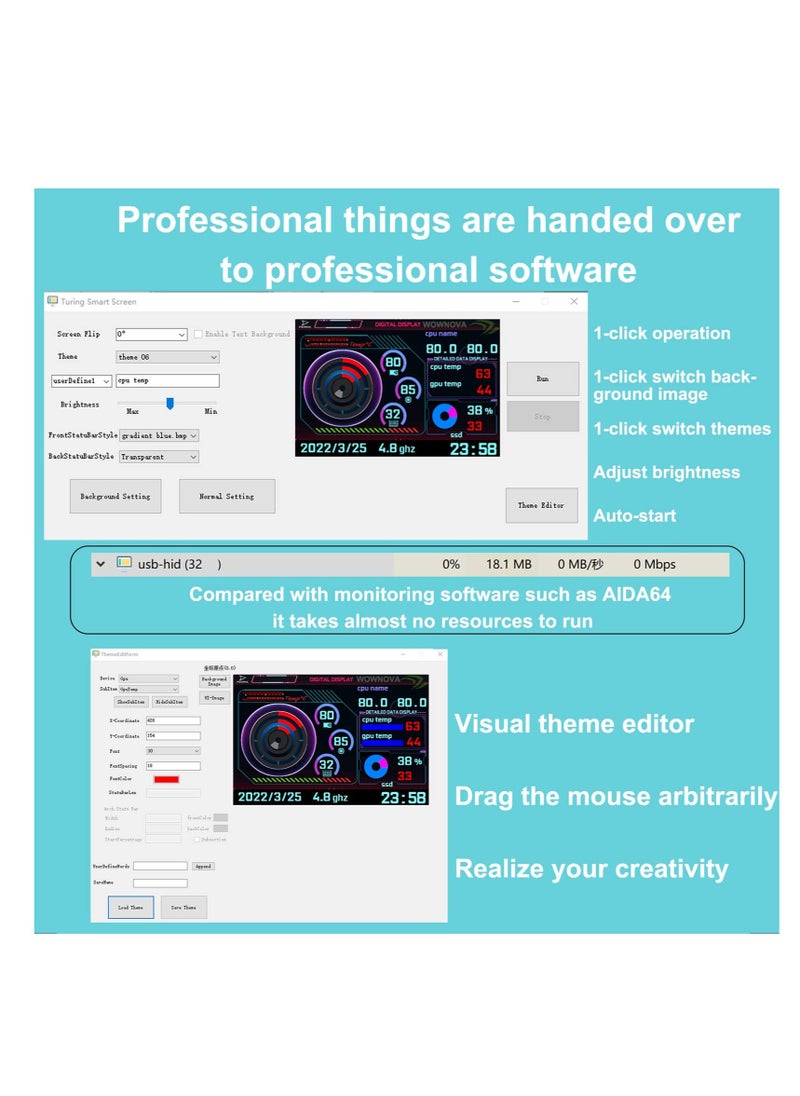 Excefore - English Version Computer Temp Monitor, Pc Temperature Display, PC Sensor Panel for PC ARGB Computer Case, IPS USB Mini Secondary Screen, PC CPU RAM HDD Data Monitor - Image 1