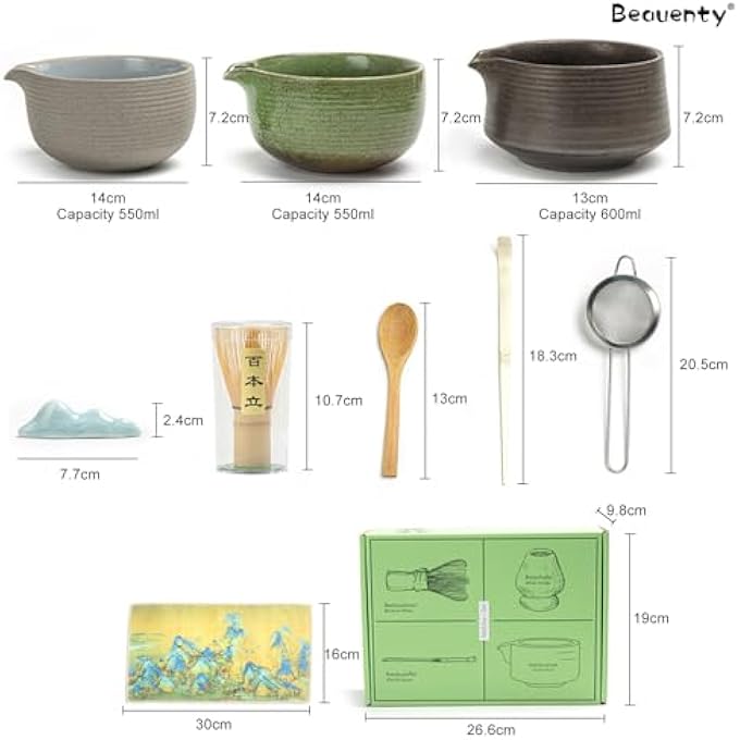 Beauenty Matcha Whisk 7 Piece Set Japanese Matcha Tea Set Matcha Bowl With Spout Bamboo Whisk ChasenMatcha Scoop Chashaku Whisk HolderL Tea Sifter Scoop Tea Dispensing Set Style A - Image 3