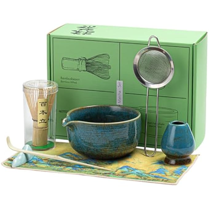 Beauenty Matcha Whisk 7 Piece Set Japanese Matcha Tea Set Matcha Bowl With Spout Bamboo Whisk ChasenMatcha Scoop Chashaku Whisk HolderL Tea Sifter Scoop Tea Dispensing Set Style A - Image 1