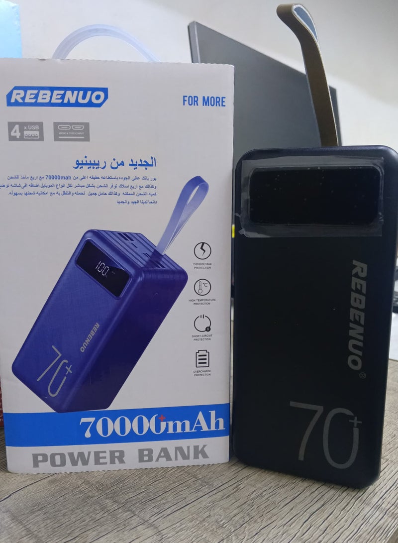 ريبنيو بنك طاقة بسعة ٧٠٠٠٠ مللي أمبير/ساعة ٤ منافذ شحن، مع مصباح يدوي LED، مخرج ٢ أمبير  خلايا بطارية بوليمر من النوع A  أسود - Image 1