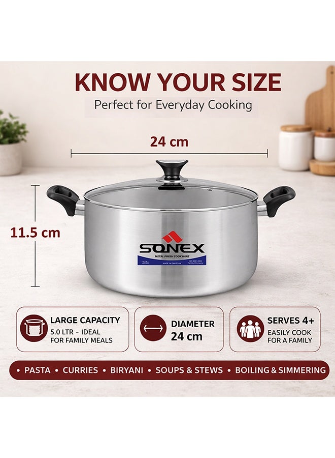 SONEX قدر سونيكس المتميز من الألمنيوم مع غطاء زجاجي ومقبض باكلايت مريح – 24 سم (5 لتر)، تشطيب معدني أنيق، بناء متين، غطاء شفاف لمراقبة سهلة، آمن في غسالة الصحون - Image 2