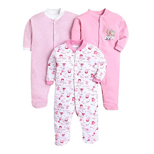 EIO® 100% Cotton Rompers Sleepsuits Jumpsuit Night Suits for Infants Newborn Baby Boys & Girls Pack of 3 (0-3 Months, Yellow) (12-18 Months, Pink) - Image 1