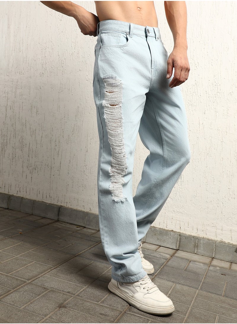 Hubberholme Indigo Relaxed Fit Men’s Jeans, Straight Cut, Highly Distressed, Cotton Fabric  - Image 2
